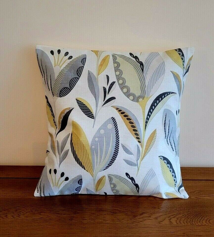 Cushion Cover Fryetts Leon Ochre Yellow Grey Floral Design 10" 12 " 14" 16" 17" 18" 20" 22" 24" 26" Handmade 100% Cotton - CushionCoverAndDecor