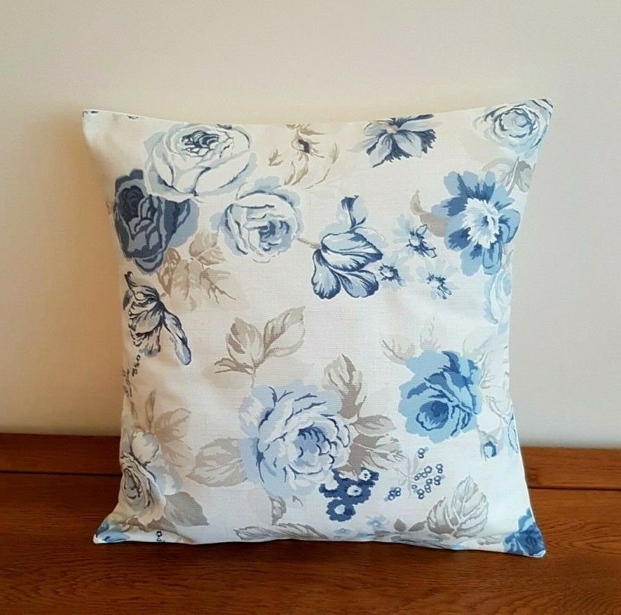 Cushion Cover Genevieve Blue Beige Chambray Floral Rose Desig 10" 12" 14" 16" 17" 18" 20" 22" 24" 26" Clarke & Clarke Handmade 100 % Cotton - CushionCoverAndDecor