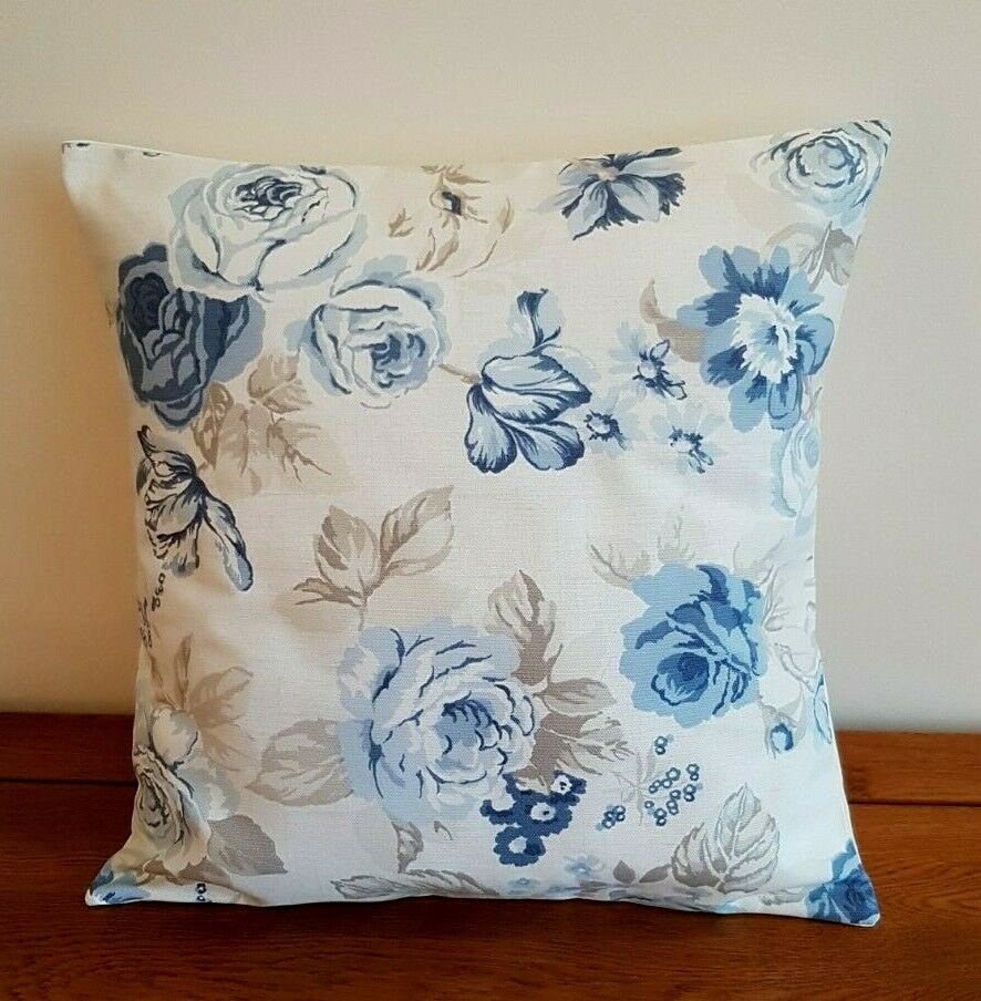 Cushion Cover Genevieve Blue Beige Chambray Floral Rose Desig 10" 12" 14" 16" 17" 18" 20" 22" 24" 26" Clarke & Clarke Handmade 100 % Cotton - CushionCoverAndDecor