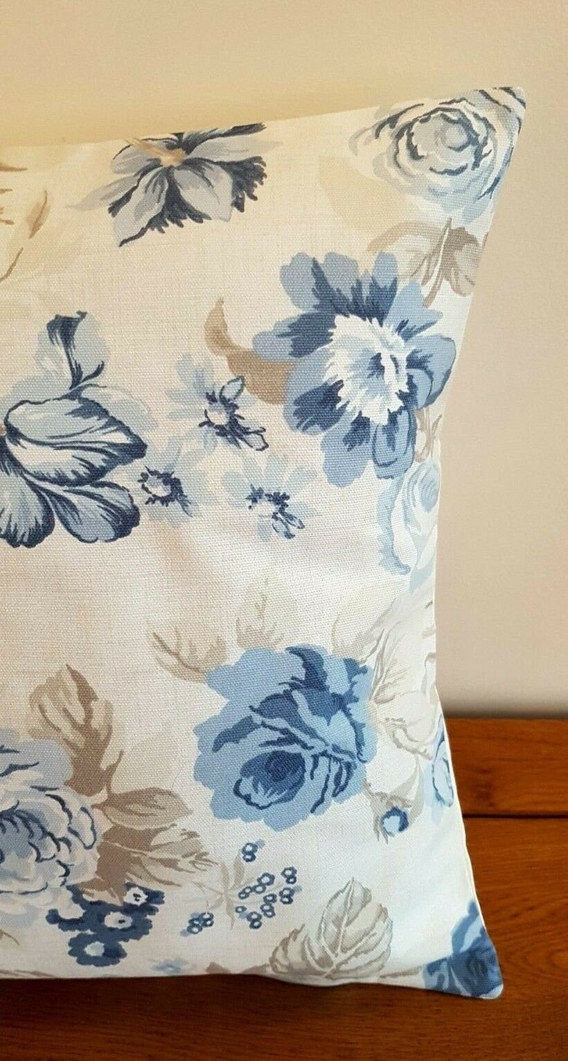 Cushion Cover Genevieve Blue Beige Chambray Floral Rose Desig 10" 12" 14" 16" 17" 18" 20" 22" 24" 26" Clarke & Clarke Handmade 100 % Cotton - CushionCoverAndDecor