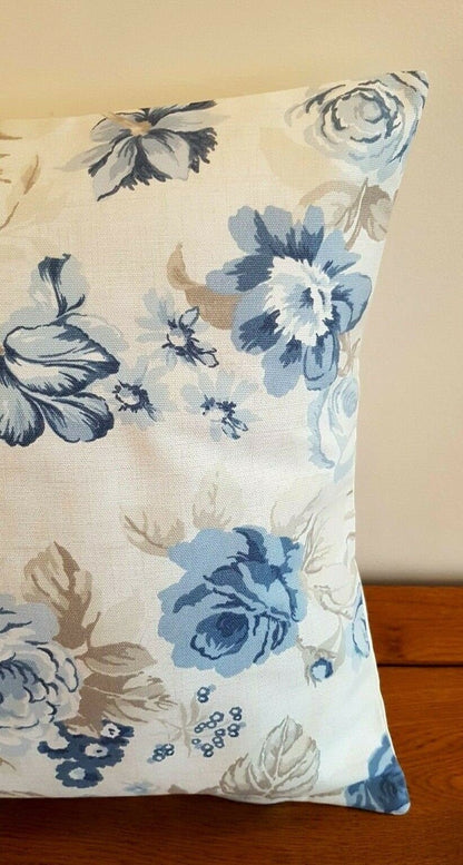 Cushion Cover Genevieve Blue Beige Chambray Floral Rose Desig 10" 12" 14" 16" 17" 18" 20" 22" 24" 26" Clarke & Clarke Handmade 100 % Cotton - CushionCoverAndDecor