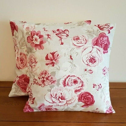 Cushion Cover Genevieve Raspberry Pink Red Rose Floral Design 10" 12" 14" 16" 17" 18" 20" 22" 24" 26" Handmade 100 % Cotton - CushionCoverAndDecor