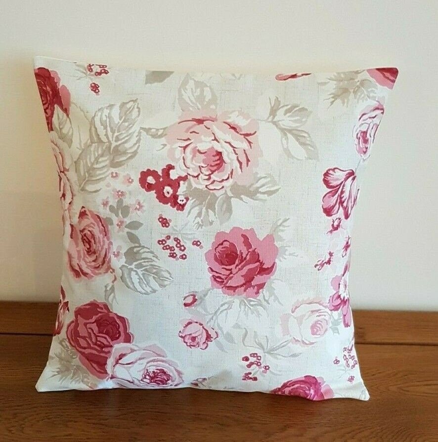Cushion Cover Genevieve Raspberry Pink Red Rose Floral Design 10" 12" 14" 16" 17" 18" 20" 22" 24" 26" Handmade 100 % Cotton - CushionCoverAndDecor