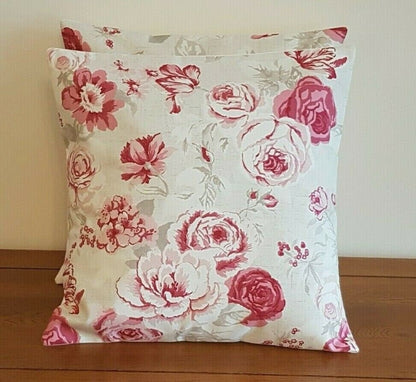 Cushion Cover Genevieve Raspberry Pink Red Rose Floral Design 10" 12" 14" 16" 17" 18" 20" 22" 24" 26" Handmade 100 % Cotton - CushionCoverAndDecor