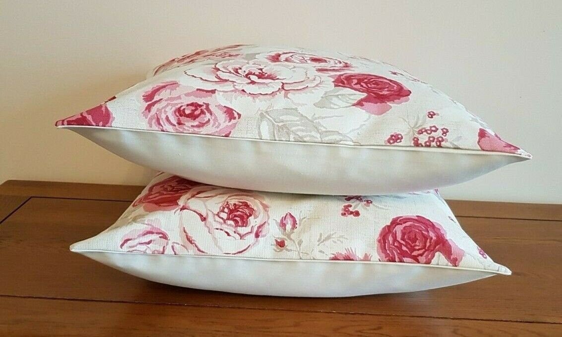Cushion Cover Genevieve Raspberry Pink Red Rose Floral Design 10" 12" 14" 16" 17" 18" 20" 22" 24" 26" Handmade 100 % Cotton - CushionCoverAndDecor