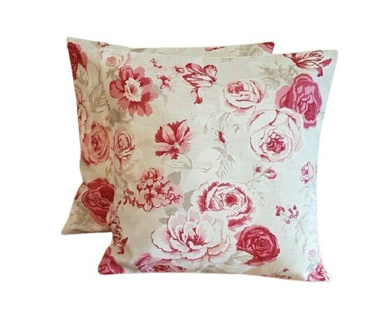 Cushion Cover Genevieve Raspberry Pink Red Rose Floral Design 10" 12" 14" 16" 17" 18" 20" 22" 24" 26" Handmade 100 % Cotton - CushionCoverAndDecor