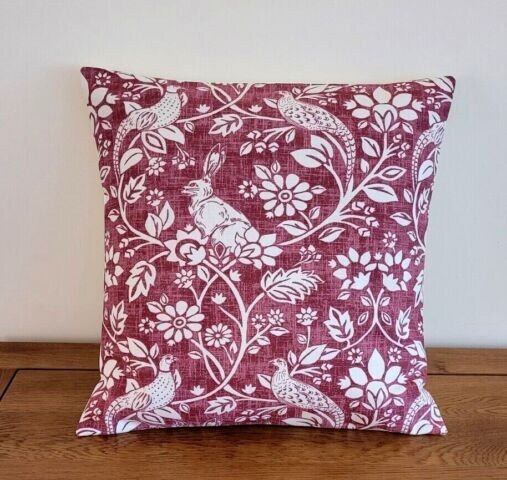 Cushion Cover Heathland Rouge Red Hares And Game Pleasant Birds Design 10" 12" 14" 16" 17" 18" 20" 22" 24" 26" Handmade 100% Cotton - CushionCoverAndDecor
