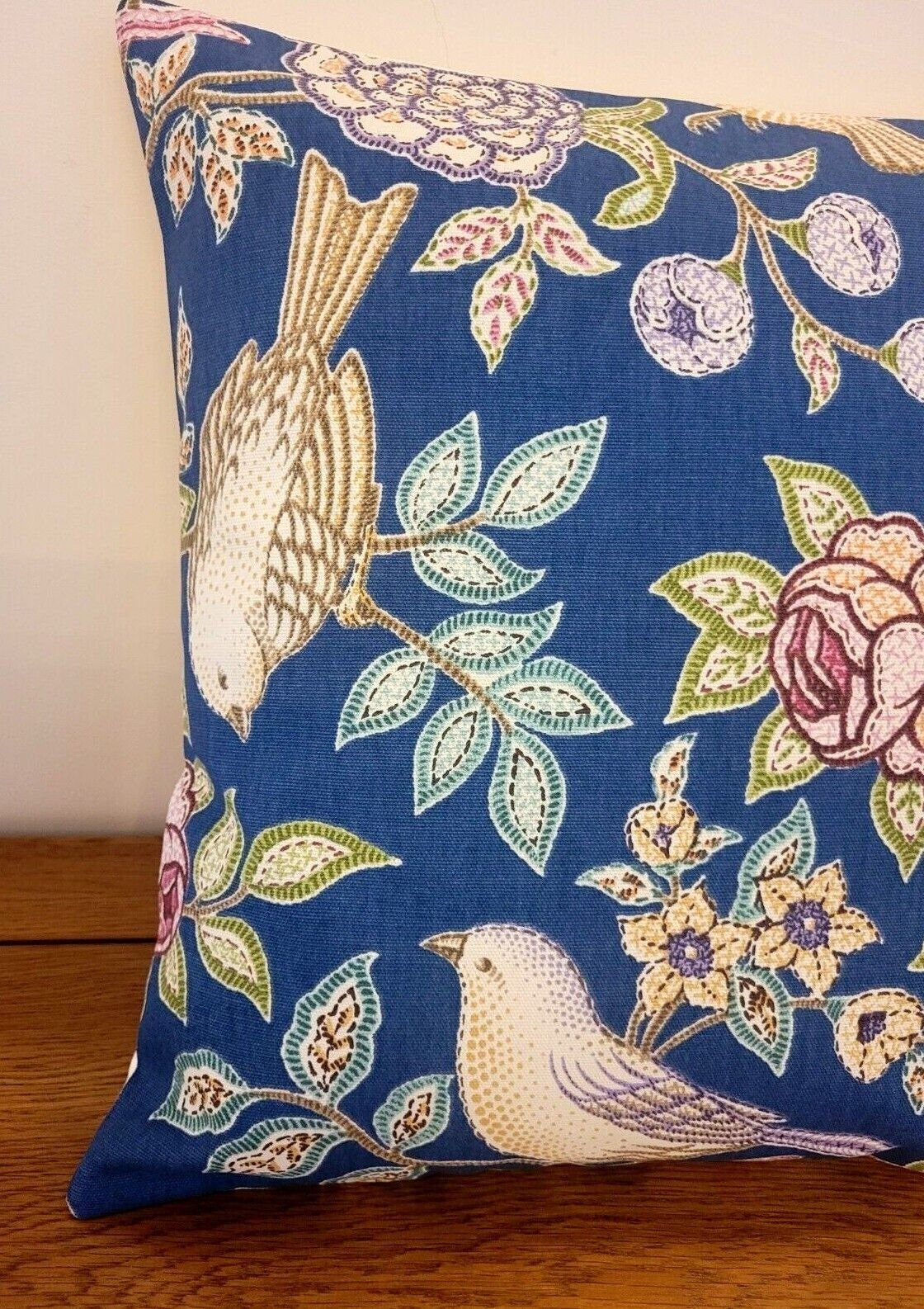 Cushion Cover Heritage Midnight Blue Birds Floral Design 10" 12" 14" 16" 17" 18" 20" 22" 24" 26" Handmade 100% Cotton - CushionCoverAndDecor