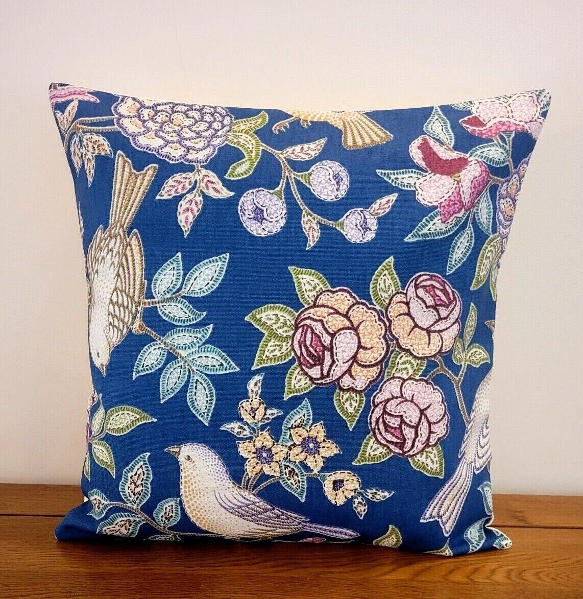 Cushion Cover Heritage Midnight Blue Birds Floral Design 10" 12" 14" 16" 17" 18" 20" 22" 24" 26" Handmade 100% Cotton - CushionCoverAndDecor