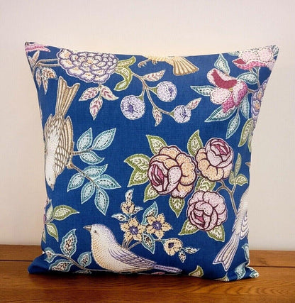 Cushion Cover Heritage Midnight Blue Birds Floral Design 10" 12" 14" 16" 17" 18" 20" 22" 24" 26" Handmade 100% Cotton - CushionCoverAndDecor