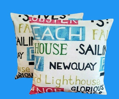 Cushion Cover Padstow Vintage Seaside Blue Red Design 10" 12" 14" 16" 17" 18" 20" 22" 24" 26" Handmade 100% Cotton - CushionCoverAndDecor