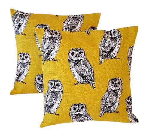 Cushion Cover Saffron Yellow Mustard Grey Owl Birds Design 10" 12 " 14" 16" 17" 18" 20" 22" 24" 26"Prestigious Textiles Handmade 100% Cotton - CushionCoverAndDecor