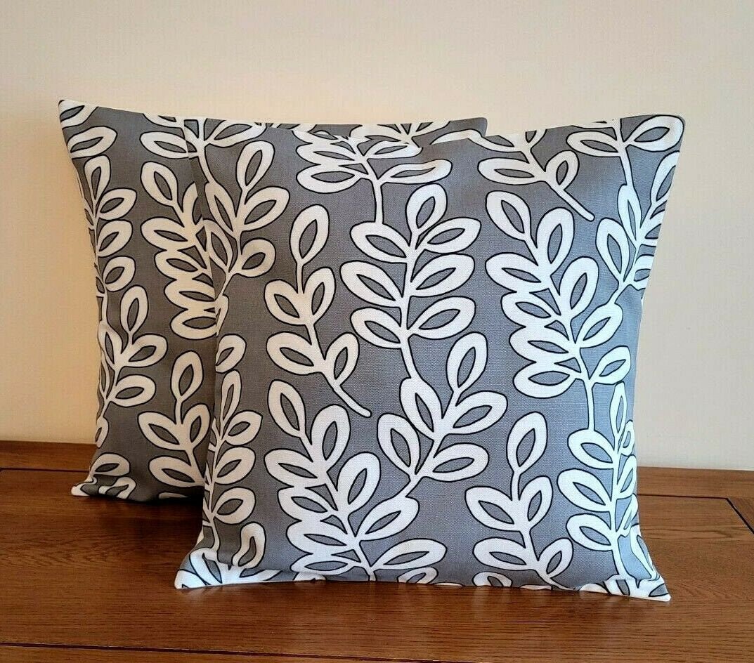 Cushion Cover Scandinavian Leaf Trail Grey Charcoal Design 10" 12" 14" 16" 17" 18" 20" 22" 24" 26" ILiv Handmade 100% Cotton - CushionCoverAndDecor