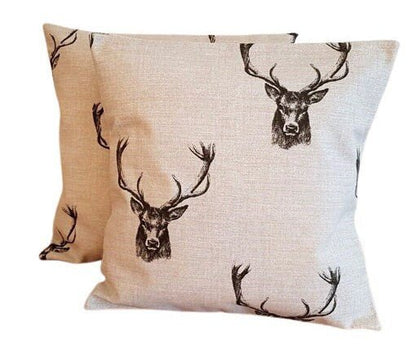 Cushion Cover Stags Head Rustic Taupe Beige Design , Christmas Pillow Cover 10" 12" 14" 16" 17" 18" 20" 22" 24" 26" Handmade 100% Cotton - CushionCoverAndDecor
