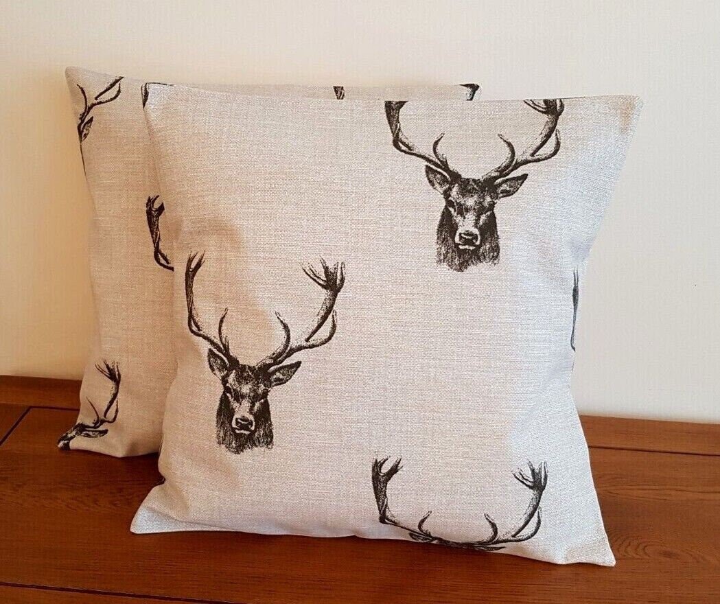 Cushion Cover Stags Head Rustic Taupe Beige Design , Christmas Pillow Cover 10" 12" 14" 16" 17" 18" 20" 22" 24" 26" Handmade 100% Cotton - CushionCoverAndDecor