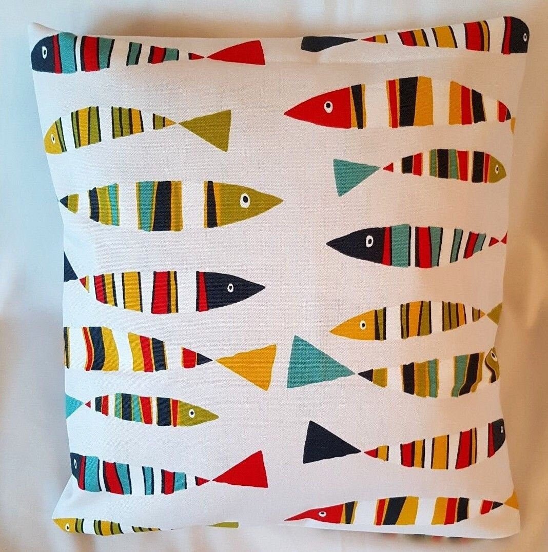 Cushion Cover Tutti Frutti Red Blue Yellow Green Sardines Fish Design 10" 12" 14" 16" 17" 18" 20" 22" 24" 26" 100% Cotton Handmade - CushionCoverAndDecor