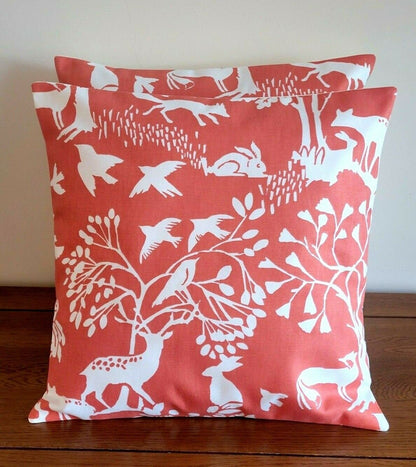 Cushion Cover Vilda Cinnamon Orange Wilderness Deer ,Rabbit ,Hare Birds Design 10" 12" 14" 16" 17" 18" 20" 22" 24" 26" Handmade 100% Cotton - CushionCoverAndDecor
