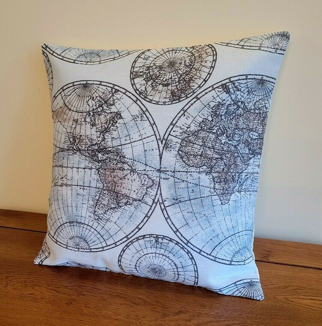 Cushion Cover Vintage Blue Beige World Globe Map Design 10" 12" 14" 16" 17" 18" 20" 22" 24" 26" Handmade - CushionCoverAndDecor
