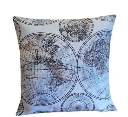 Cushion Cover Vintage Blue Beige World Globe Map Design 10" 12" 14" 16" 17" 18" 20" 22" 24" 26" Handmade - CushionCoverAndDecor