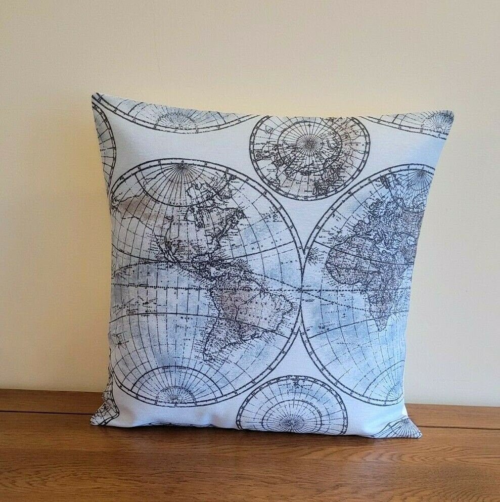 Cushion Cover Vintage Blue Beige World Globe Map Design 10" 12" 14" 16" 17" 18" 20" 22" 24" 26" Handmade - CushionCoverAndDecor