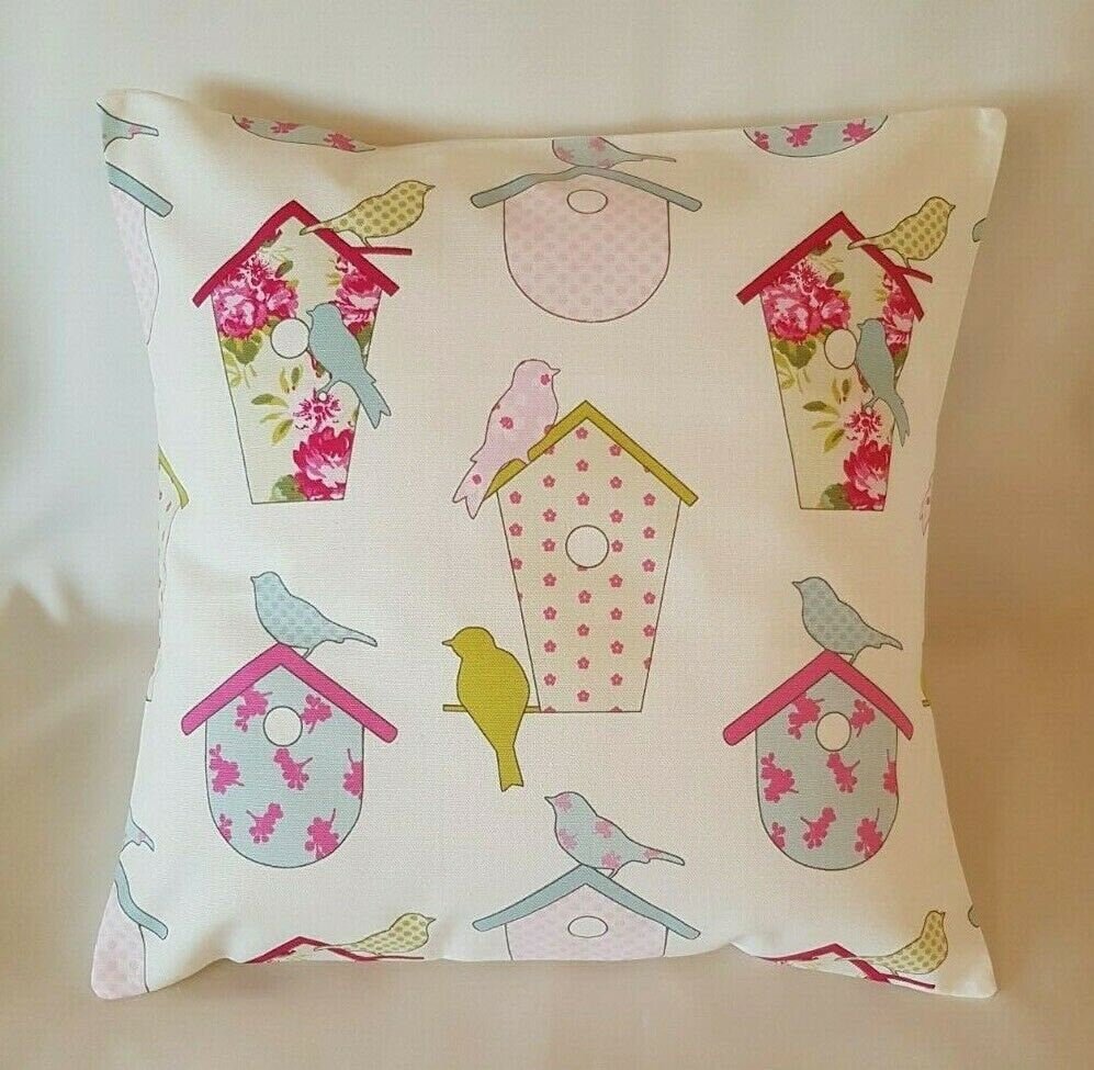 Cushion Covers Ashley Wilde Birdhouse Birds Floral Pink Design 10" 12" 14" 16" 17" 18" 20" 22" 24" 26" Handmade 100% Cotton - CushionCoverAndDecor