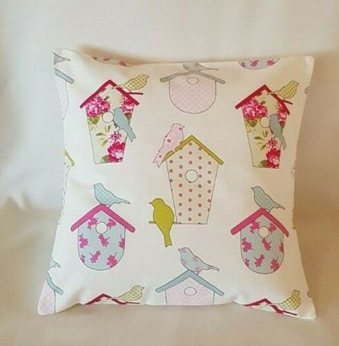 Cushion Covers Ashley Wilde Birdhouse Birds Floral Pink Design 10" 12" 14" 16" 17" 18" 20" 22" 24" 26" Handmade 100% Cotton - CushionCoverAndDecor