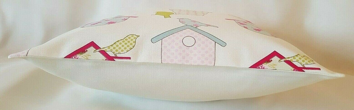 Cushion Covers Ashley Wilde Birdhouse Birds Floral Pink Design 10" 12" 14" 16" 17" 18" 20" 22" 24" 26" Handmade 100% Cotton - CushionCoverAndDecor
