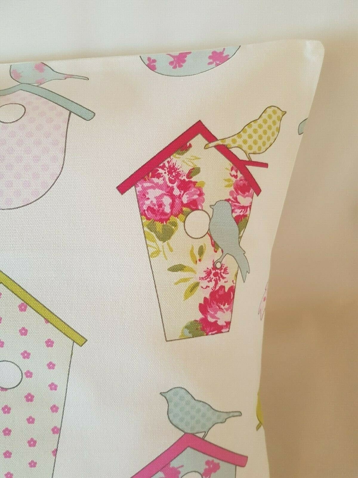Cushion Covers Ashley Wilde Birdhouse Birds Floral Pink Design 10" 12" 14" 16" 17" 18" 20" 22" 24" 26" Handmade 100% Cotton - CushionCoverAndDecor