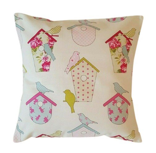 Cushion Covers Ashley Wilde Birdhouse Birds Floral Pink Design 10" 12" 14" 16" 17" 18" 20" 22" 24" 26" Handmade 100% Cotton - CushionCoverAndDecor