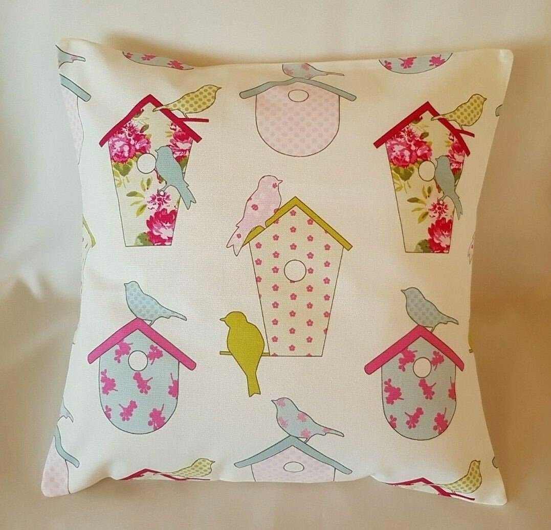 Cushion Covers Ashley Wilde Birdhouse Birds Floral Pink Design 10" 12" 14" 16" 17" 18" 20" 22" 24" 26" Handmade 100% Cotton - CushionCoverAndDecor
