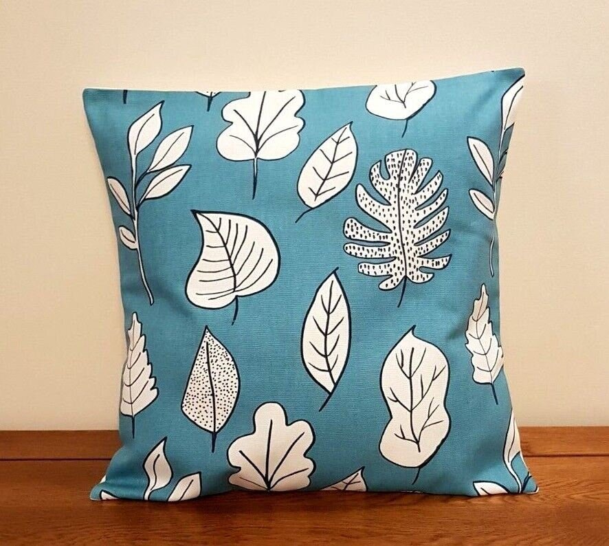 Decorative Cushion Pillow Cover Blue Teal Leaves Design 10" 12" 14" 16" 17" 18" 20" 22" 24" 26" Handmade 100% Cotton - CushionCoverAndDecor