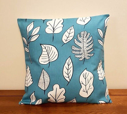 Decorative Cushion Pillow Cover Blue Teal Leaves Design 10" 12" 14" 16" 17" 18" 20" 22" 24" 26" Handmade 100% Cotton - CushionCoverAndDecor