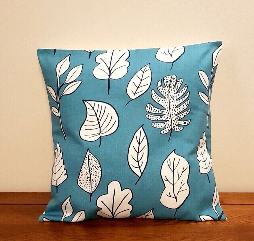 Decorative Cushion Pillow Cover Blue Teal Leaves Design 10" 12" 14" 16" 17" 18" 20" 22" 24" 26" Handmade 100% Cotton - CushionCoverAndDecor