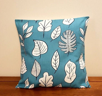 Decorative Cushion Pillow Cover Blue Teal Leaves Design 10" 12" 14" 16" 17" 18" 20" 22" 24" 26" Handmade 100% Cotton - CushionCoverAndDecor