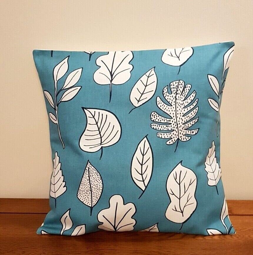 Decorative Cushion Pillow Cover Blue Teal Leaves Design 10" 12" 14" 16" 17" 18" 20" 22" 24" 26" Handmade 100% Cotton - CushionCoverAndDecor