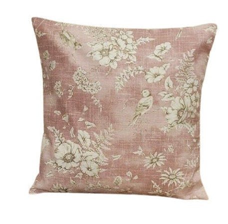 Decorative Pillow Cushion Cover iLiv Finch Toile Rose Pink Bird Design 10" 12 " 14" 16" 17" 18" 20" 22" 24" 26" Handmade 100% Cotton - CushionCoverAndDecor