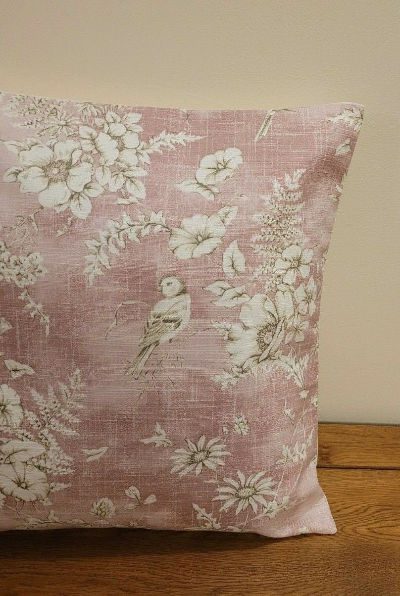 Decorative Pillow Cushion Cover iLiv Finch Toile Rose Pink Bird Design 10" 12 " 14" 16" 17" 18" 20" 22" 24" 26" Handmade 100% Cotton - CushionCoverAndDecor