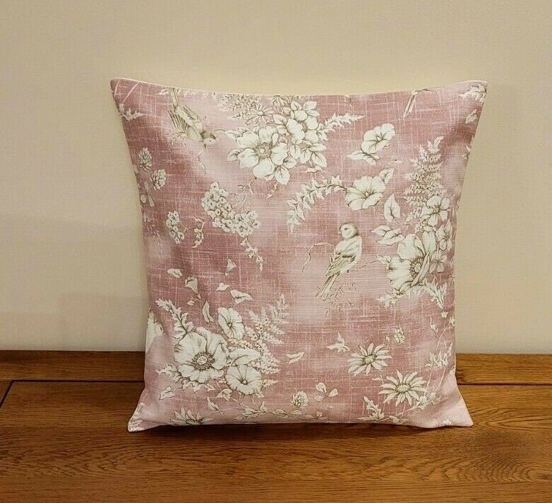 Decorative Pillow Cushion Cover iLiv Finch Toile Rose Pink Bird Design 10" 12 " 14" 16" 17" 18" 20" 22" 24" 26" Handmade 100% Cotton - CushionCoverAndDecor