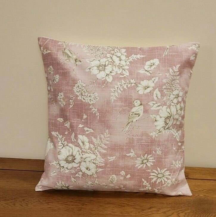 Decorative Pillow Cushion Cover iLiv Finch Toile Rose Pink Bird Design 10" 12 " 14" 16" 17" 18" 20" 22" 24" 26" Handmade 100% Cotton - CushionCoverAndDecor