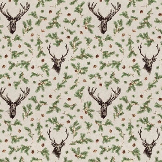 Deer Fir Branches Tea Towel , Fir Branches Tea Towel , Deer Tea Towel , Christmas Tea Towel , Cotton Rich Linen Look Fabric - CushionCoverAndDecor