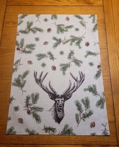 Deer Fir Branches Tea Towel , Fir Branches Tea Towel , Deer Tea Towel , Christmas Tea Towel , Cotton Rich Linen Look Fabric - CushionCoverAndDecor