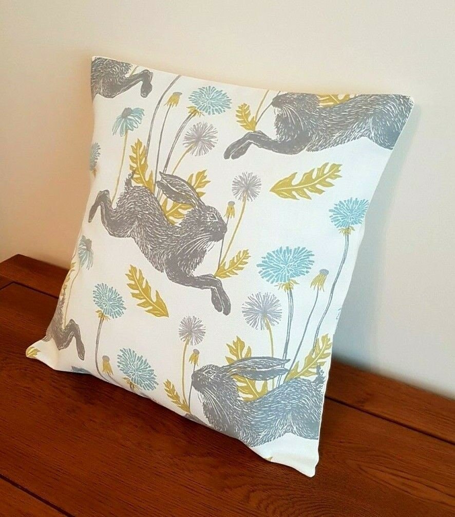 Easter Cushion Cover March Hare Mineral Blue Design 12" 14" 16" 17" 18" 20" 22" 24" 26" Handmade 100% Cotton - CushionCoverAndDecor