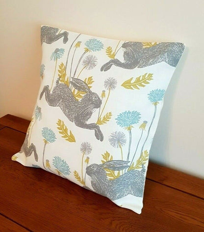 Easter Cushion Cover March Hare Mineral Blue Design 12" 14" 16" 17" 18" 20" 22" 24" 26" Handmade 100% Cotton - CushionCoverAndDecor