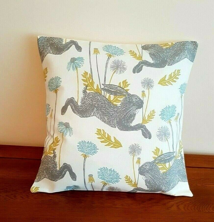 Easter Cushion Cover March Hare Mineral Blue Design 12" 14" 16" 17" 18" 20" 22" 24" 26" Handmade 100% Cotton - CushionCoverAndDecor
