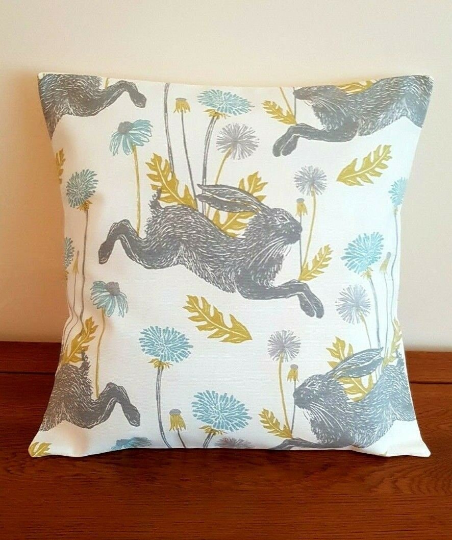 Easter Cushion Cover March Hare Mineral Blue Design 12" 14" 16" 17" 18" 20" 22" 24" 26" Handmade 100% Cotton - CushionCoverAndDecor