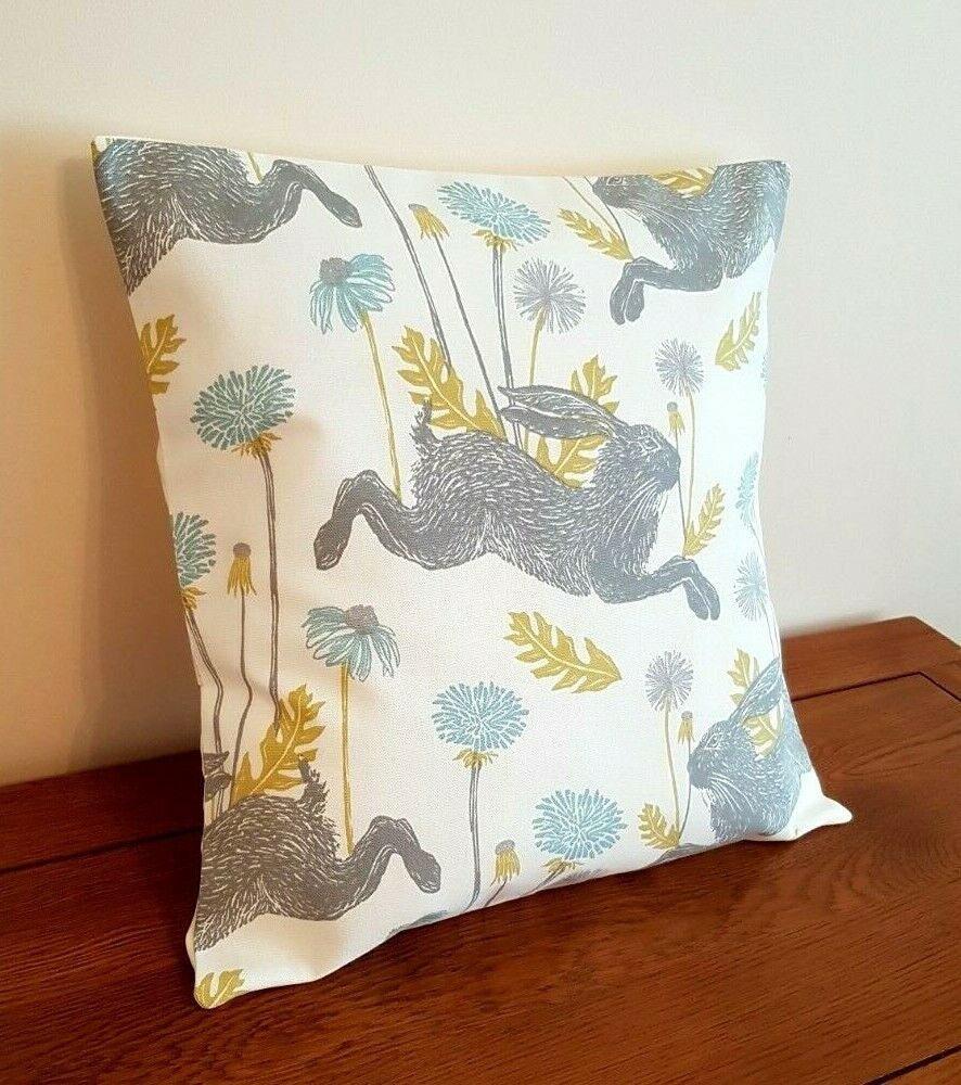 Easter Cushion Cover March Hare Mineral Blue Design 12" 14" 16" 17" 18" 20" 22" 24" 26" Handmade 100% Cotton - CushionCoverAndDecor