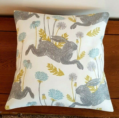 Easter Cushion Cover March Hare Mineral Blue Design 12" 14" 16" 17" 18" 20" 22" 24" 26" Handmade 100% Cotton - CushionCoverAndDecor