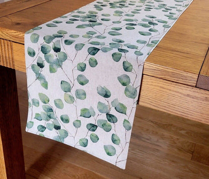 Eucalyptus Table Runner , Linen Look Table Runner , Green Leaves Table Runner 36" 48" 54" 60" 64" 72" 84" 96" 104" - CushionCoverAndDecor