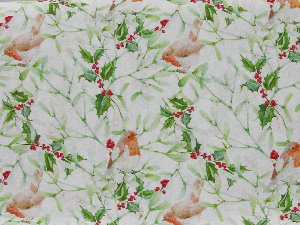 Holly Robin Christmas Tablecloth , Christmas Holly Napkins , Robin Table Cover Green Red , Christmas Holly Tablecloth 100% Cotton Handmade - CushionCoverAndDecor
