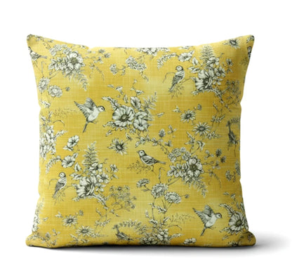 Finch Toile Yellow Buttercup Bird Floral Cushion Cover
